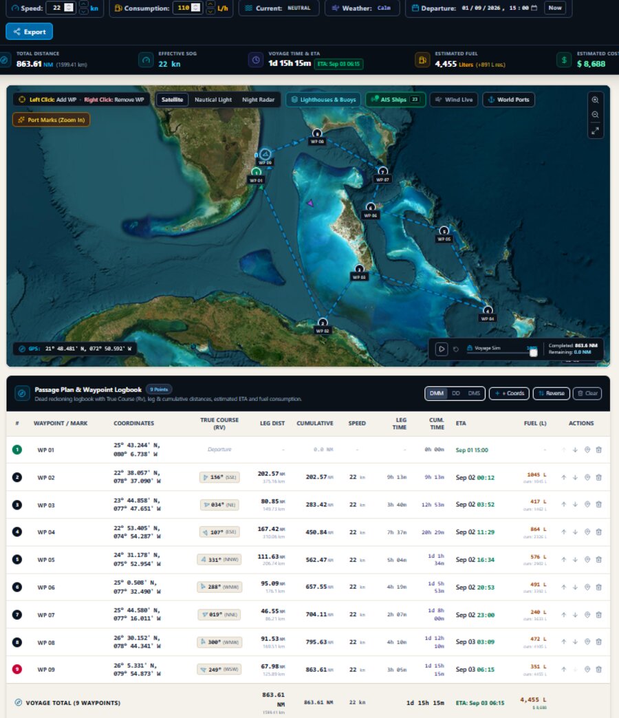 Global Nautical Plotter interface preview: route with waypoints, voyage time, ETA and fuel estimate