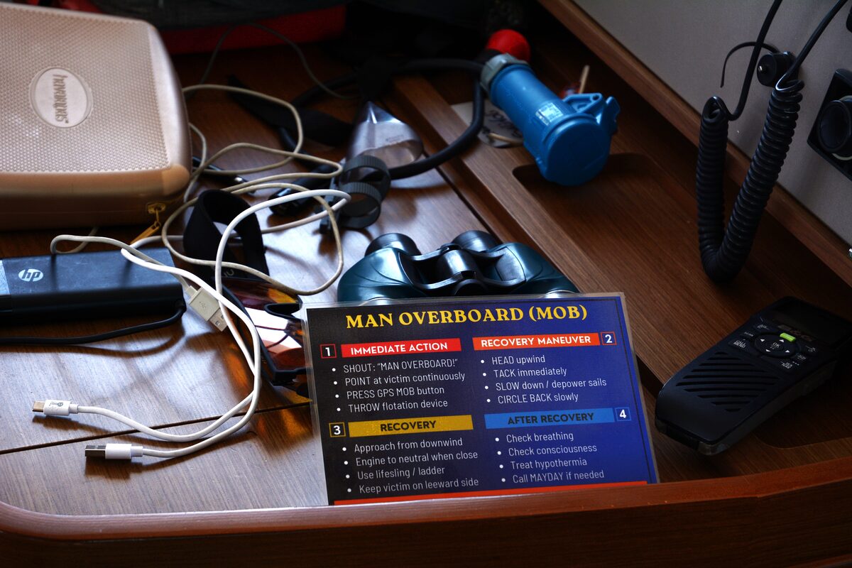 Man Overboard flashcard on the chart table