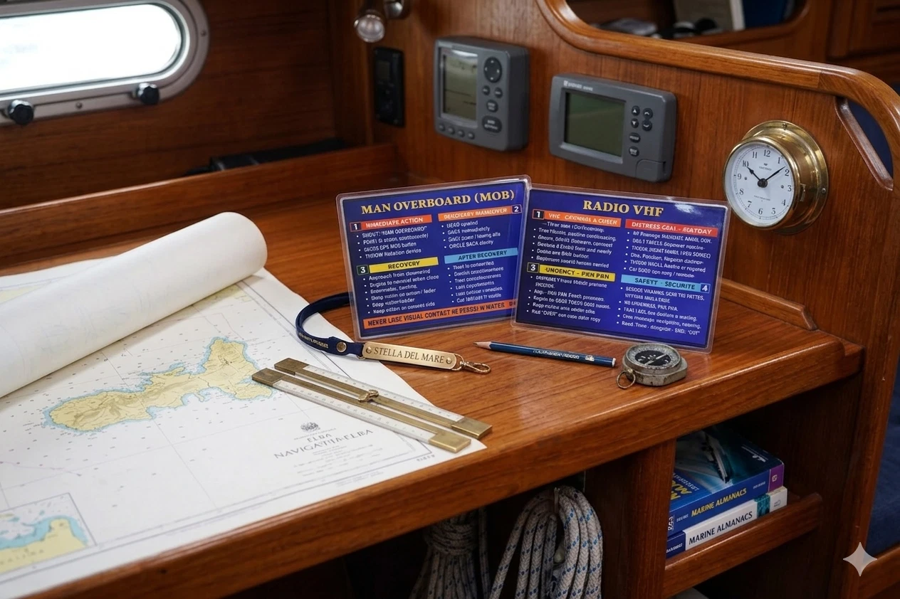 MOB and Radio VHF laminated flashcards photographed for the eBay listing