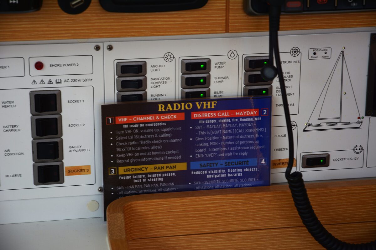 Radio VHF flashcard mounted at the nav station showing MAYDAY call procedure