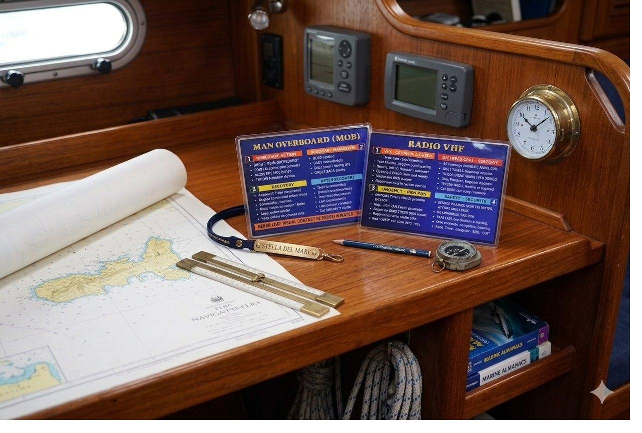 MOB & Radio VHF laminated flashcards at the chart table