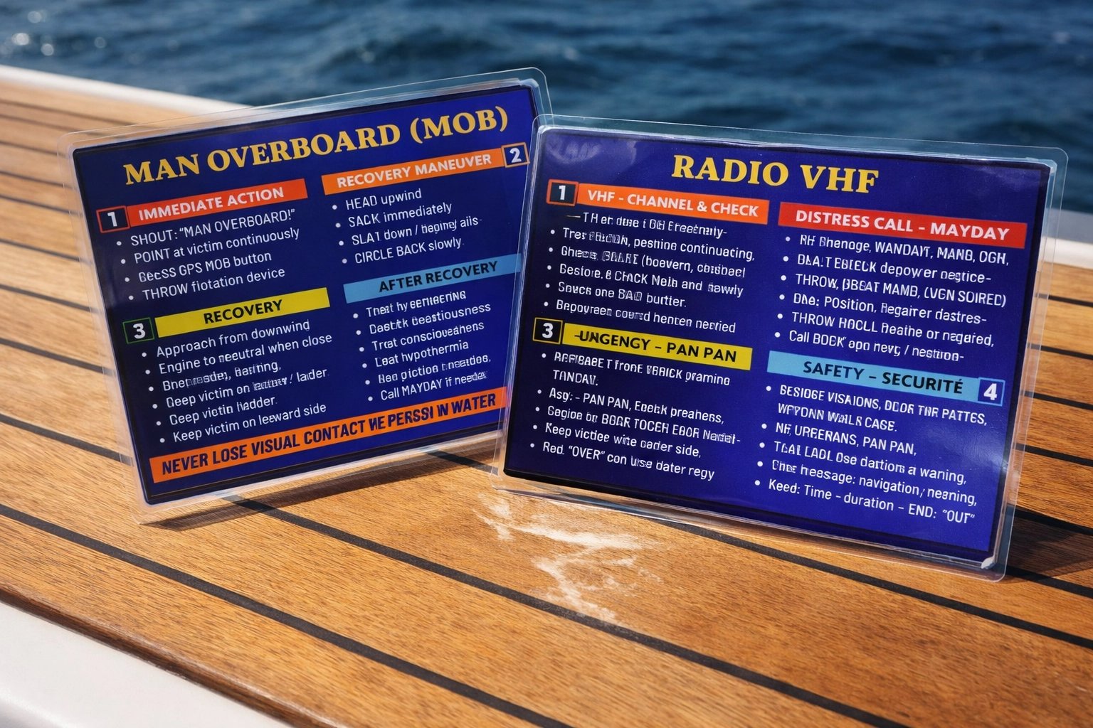 Close-up of the MOB and Radio VHF laminated flashcards on a teak deck with the sea behind